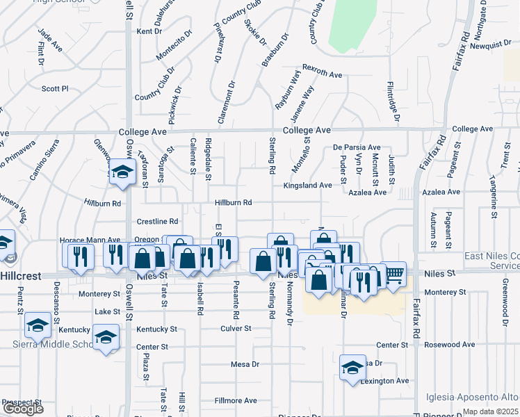 map of restaurants, bars, coffee shops, grocery stores, and more near 3831 Mitchell Avenue in Bakersfield