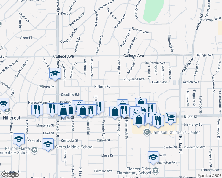map of restaurants, bars, coffee shops, grocery stores, and more near 3805 Mitchell Avenue in Bakersfield