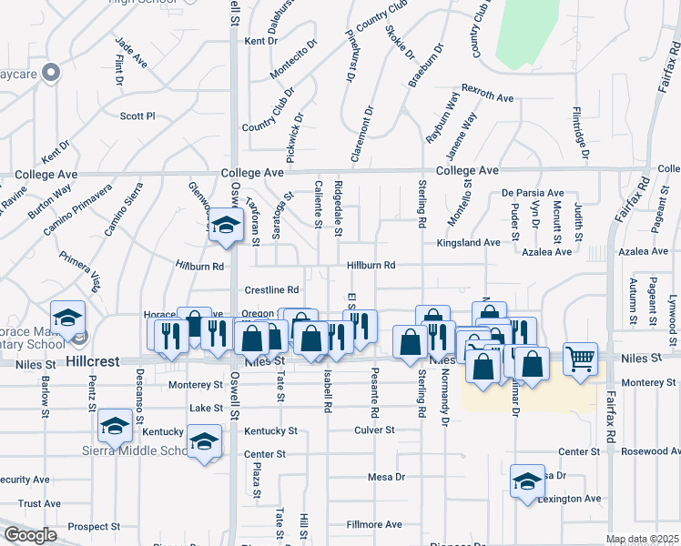 map of restaurants, bars, coffee shops, grocery stores, and more near 1525 El Serento Drive in Bakersfield