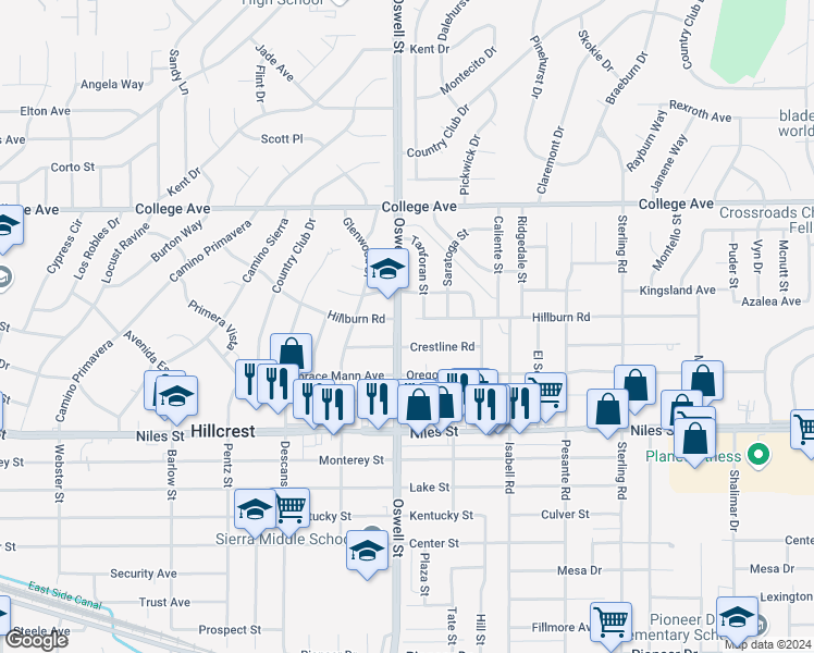map of restaurants, bars, coffee shops, grocery stores, and more near 3032 Crestline Road in Bakersfield
