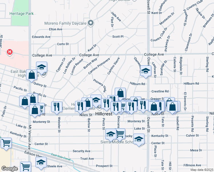 map of restaurants, bars, coffee shops, grocery stores, and more near 2808 Primera Vista in Bakersfield