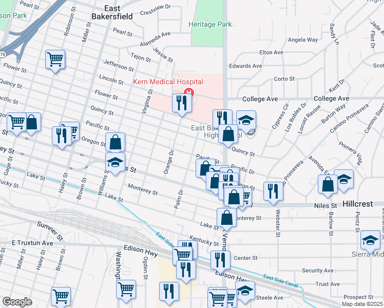 map of restaurants, bars, coffee shops, grocery stores, and more near 2012 Pacific Street in Bakersfield