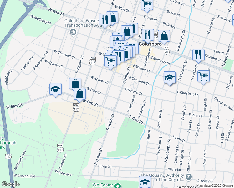 map of restaurants, bars, coffee shops, grocery stores, and more near 310 South John Street in Goldsboro