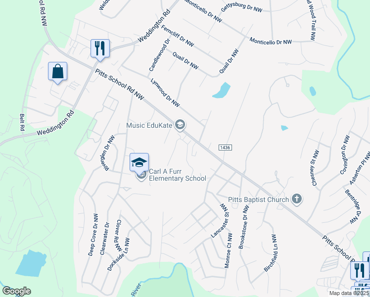 map of restaurants, bars, coffee shops, grocery stores, and more near 2564 Brackley Place Northwest in Concord