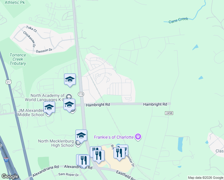 map of restaurants, bars, coffee shops, grocery stores, and more near 11721 Blessington Road in Huntersville