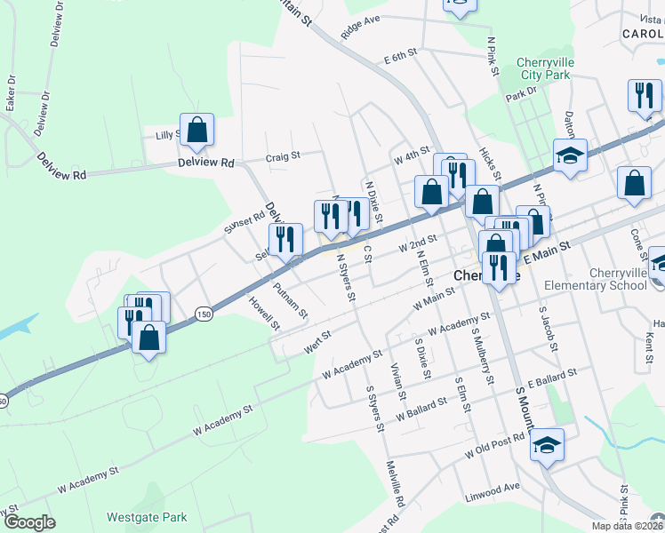 map of restaurants, bars, coffee shops, grocery stores, and more near 500 West 2nd Street in Cherryville