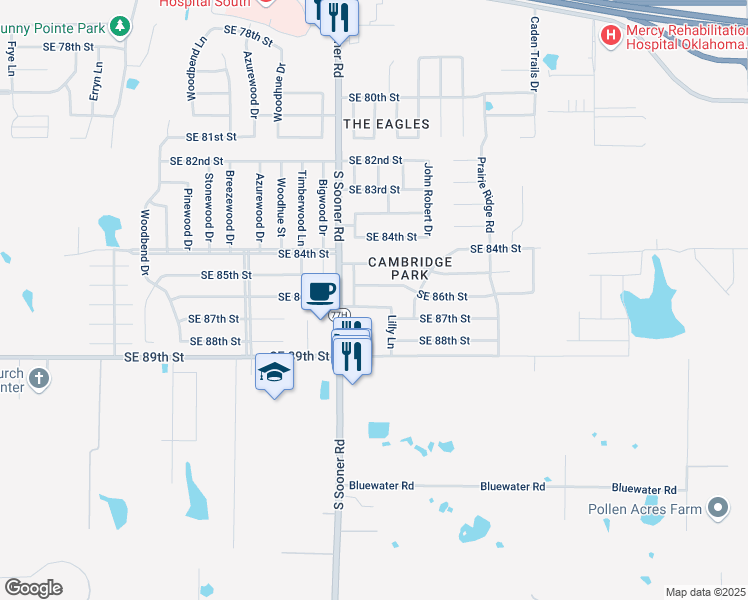 map of restaurants, bars, coffee shops, grocery stores, and more near 5704 Southeast 87th Street in Oklahoma City