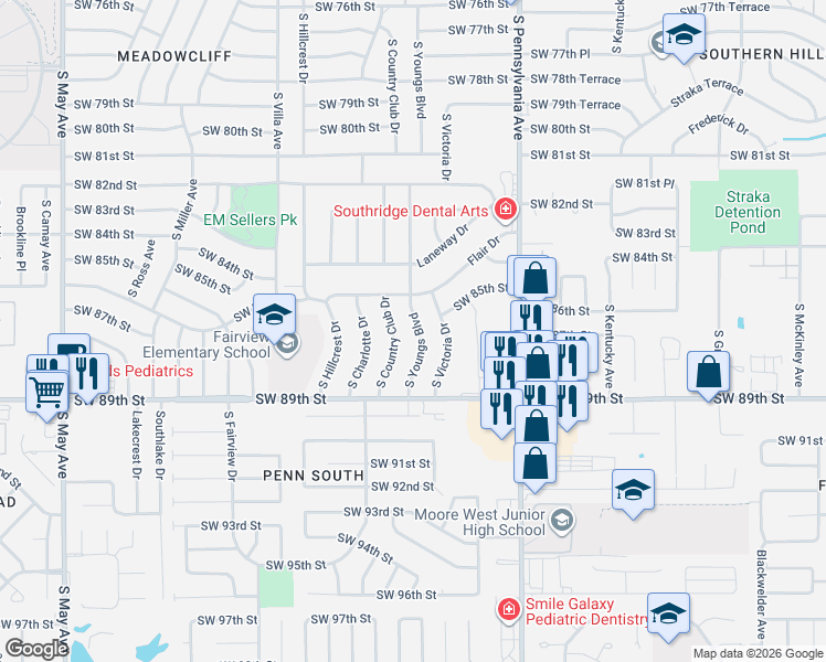 map of restaurants, bars, coffee shops, grocery stores, and more near 8808 South Country Club Drive in Oklahoma City