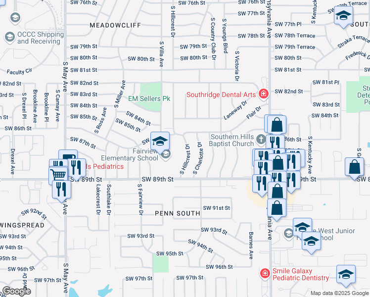 map of restaurants, bars, coffee shops, grocery stores, and more near 8805 South Hillcrest Drive in Oklahoma City