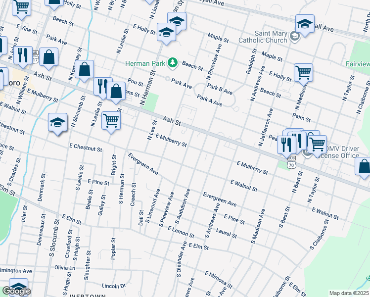 map of restaurants, bars, coffee shops, grocery stores, and more near 1112 East Mulberry Street in Goldsboro