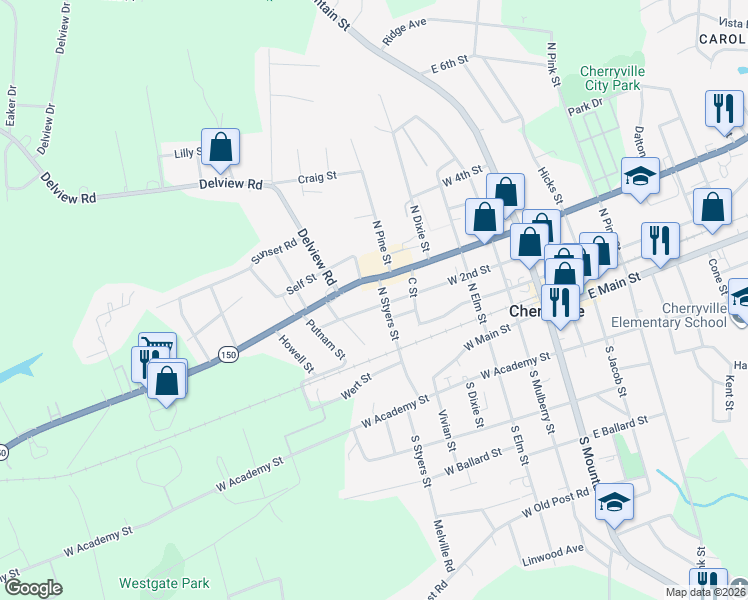map of restaurants, bars, coffee shops, grocery stores, and more near 500 West 2nd Street in Cherryville
