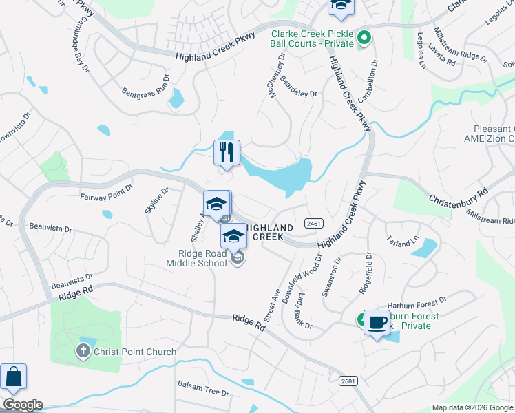 map of restaurants, bars, coffee shops, grocery stores, and more near 5735 Mantario Drive in Charlotte