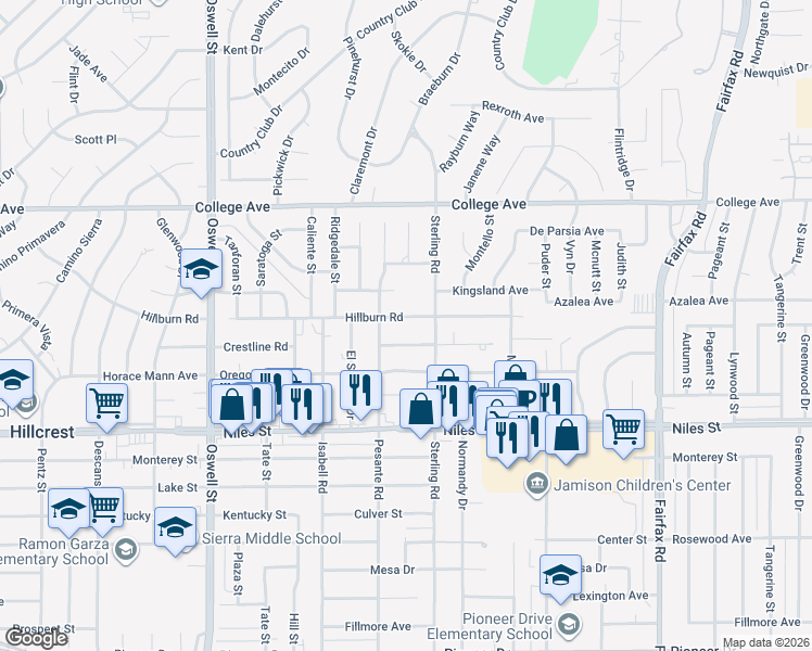 map of restaurants, bars, coffee shops, grocery stores, and more near 3805 Mitchell Avenue in Bakersfield