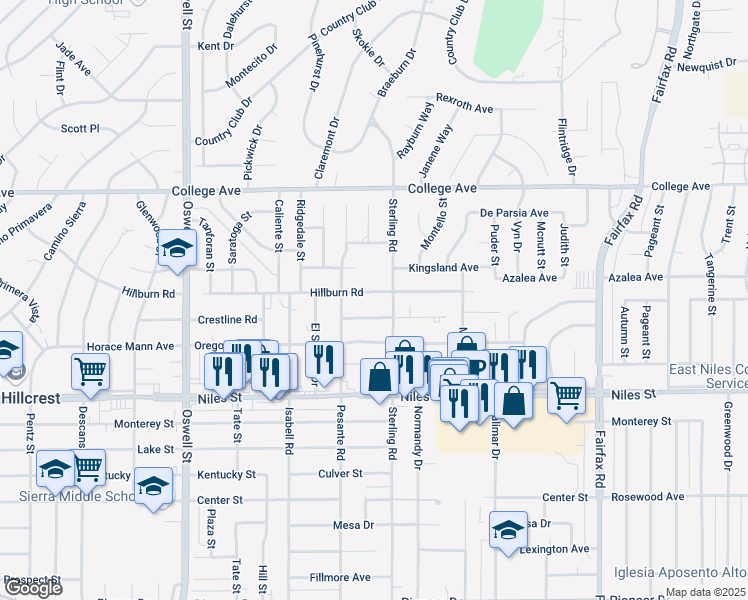 map of restaurants, bars, coffee shops, grocery stores, and more near 3831 Mitchell Avenue in Bakersfield