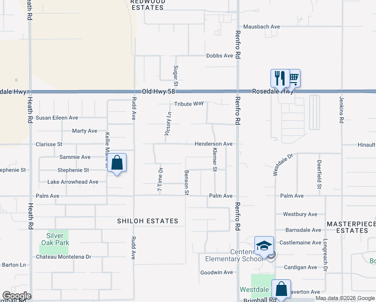map of restaurants, bars, coffee shops, grocery stores, and more near 14825 Henderson Avenue in Bakersfield