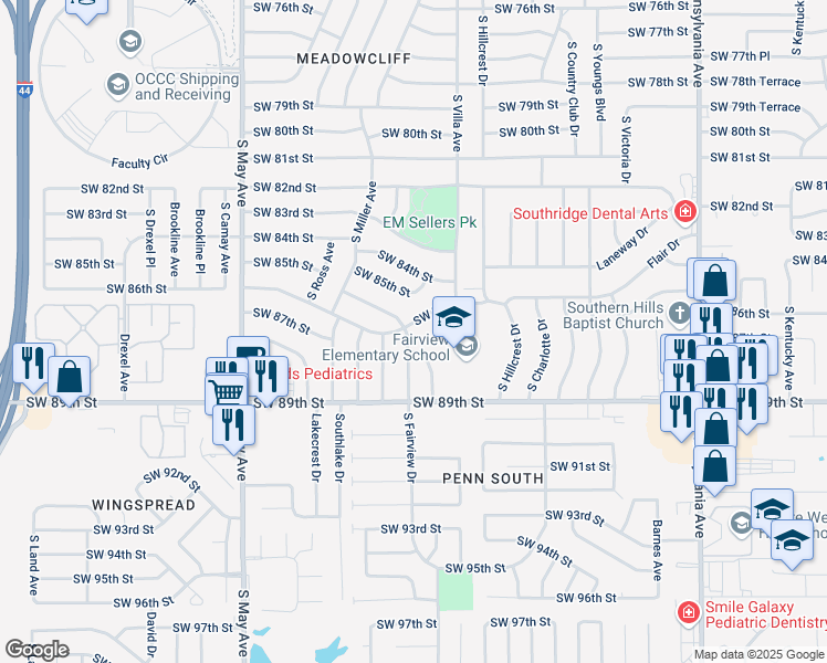 map of restaurants, bars, coffee shops, grocery stores, and more near 8700 South Fairview Drive in Oklahoma City