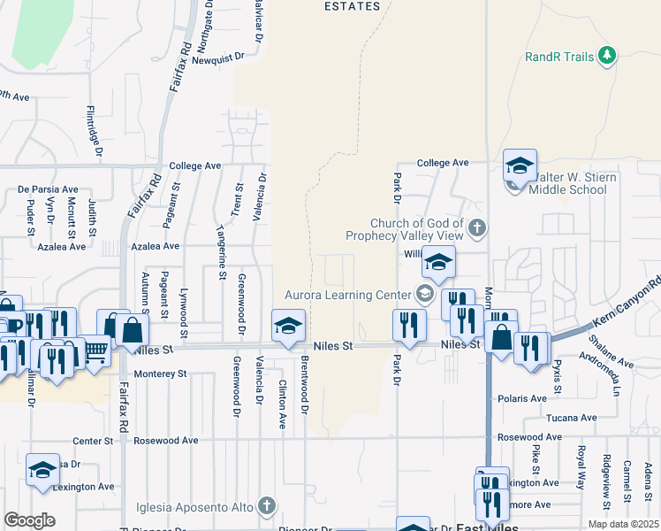 map of restaurants, bars, coffee shops, grocery stores, and more near 2809 Marivale Street in Bakersfield