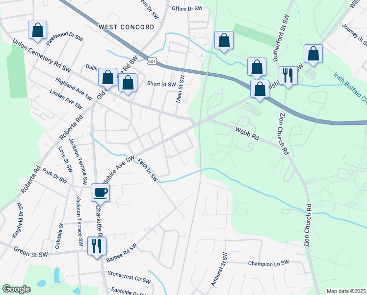map of restaurants, bars, coffee shops, grocery stores, and more near 538 Greenwood Drive Southwest in Concord
