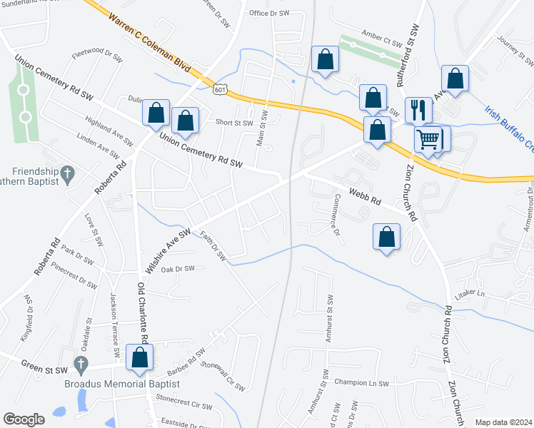 map of restaurants, bars, coffee shops, grocery stores, and more near 538 Greenwood Drive Southwest in Concord