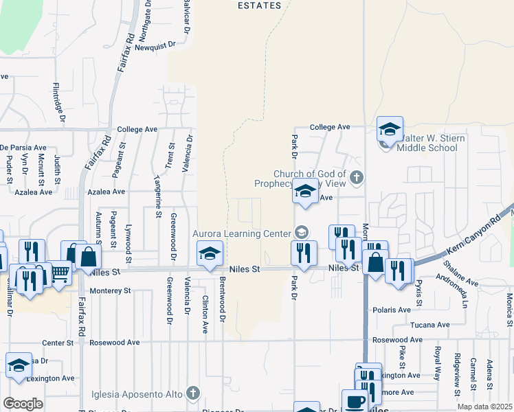 map of restaurants, bars, coffee shops, grocery stores, and more near 2301 Park Drive in Bakersfield
