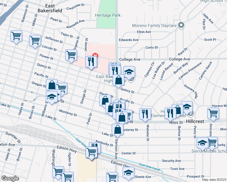 map of restaurants, bars, coffee shops, grocery stores, and more near 2120 Pacific Street in Bakersfield