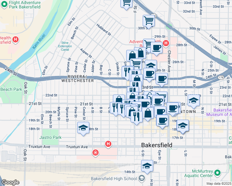 map of restaurants, bars, coffee shops, grocery stores, and more near 2121 22nd Street in Bakersfield