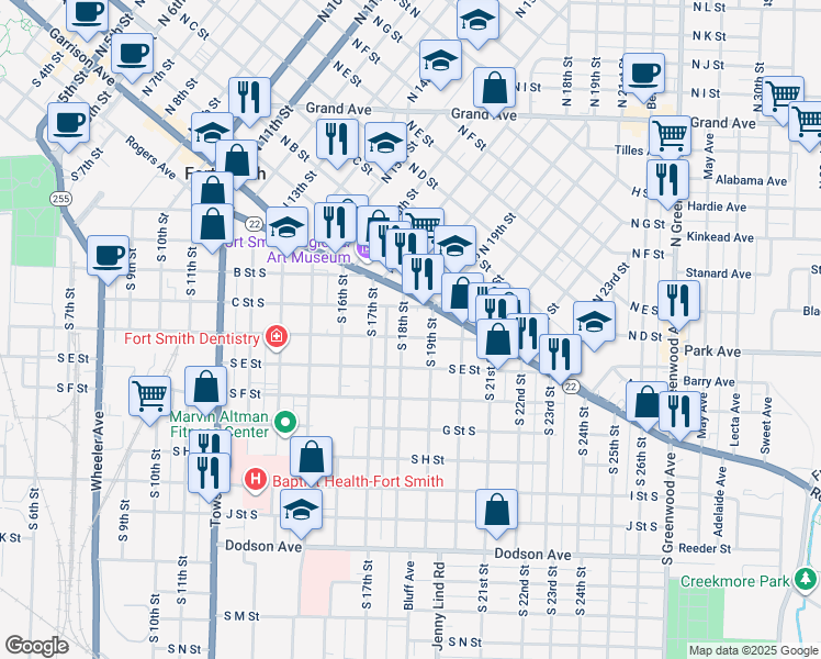 map of restaurants, bars, coffee shops, grocery stores, and more near 500 South 19th Street in Fort Smith
