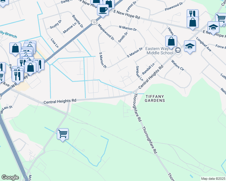map of restaurants, bars, coffee shops, grocery stores, and more near 105 Faith Place in Goldsboro
