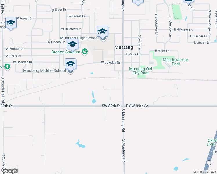 map of restaurants, bars, coffee shops, grocery stores, and more near 207 West Southwest 89th Street in Mustang