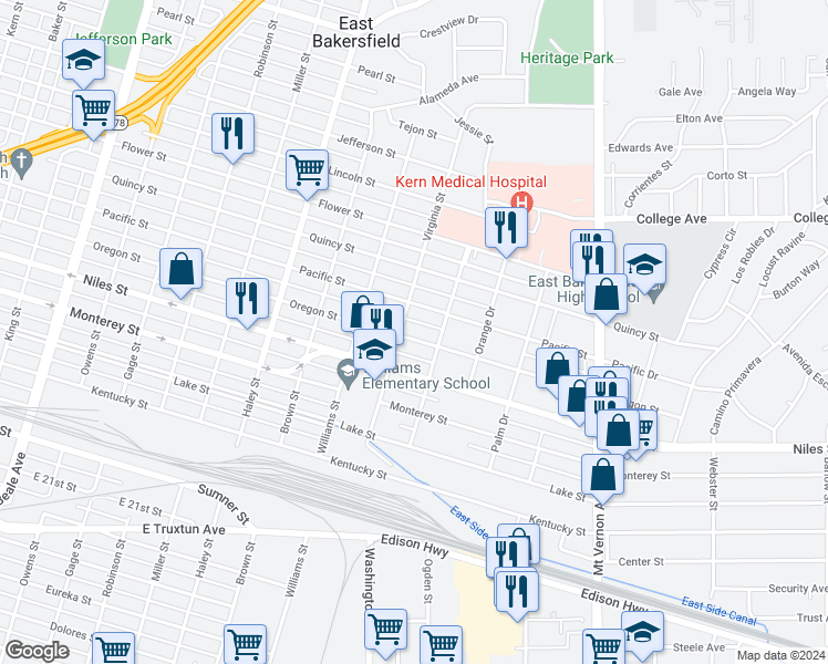 map of restaurants, bars, coffee shops, grocery stores, and more near 1710 Oregon Street in Bakersfield