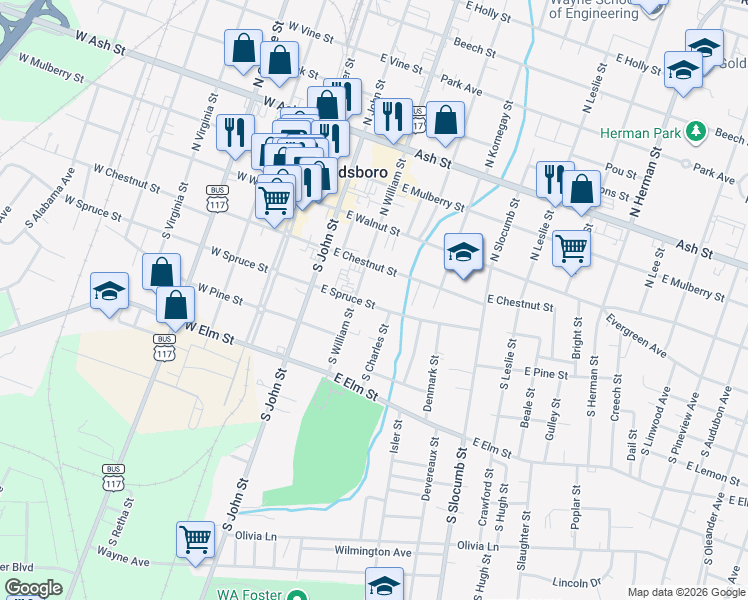map of restaurants, bars, coffee shops, grocery stores, and more near 300 South William Street in Goldsboro