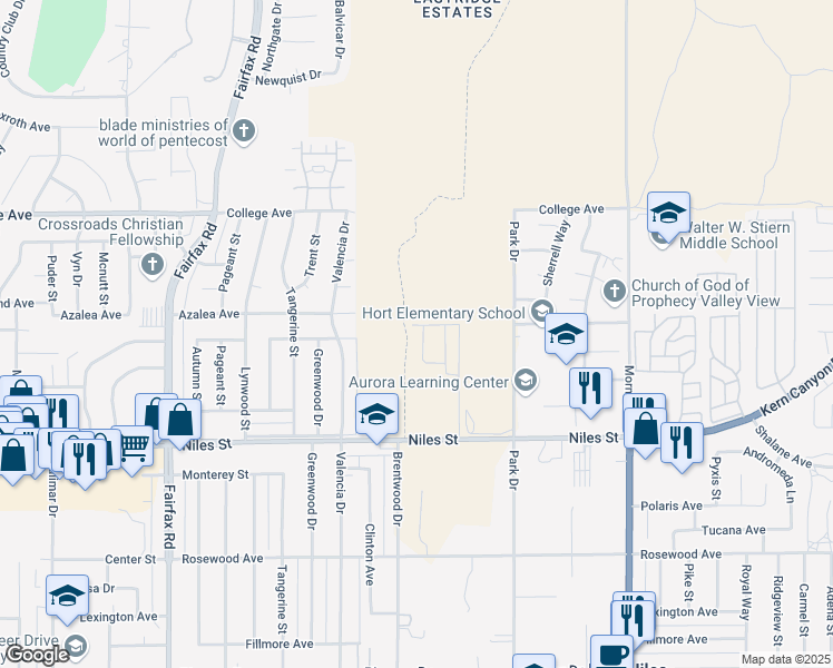 map of restaurants, bars, coffee shops, grocery stores, and more near 2818 Marivale Street in Bakersfield