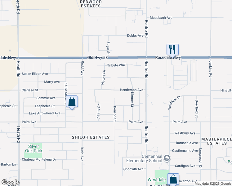 map of restaurants, bars, coffee shops, grocery stores, and more near 14825 Henderson Avenue in Bakersfield
