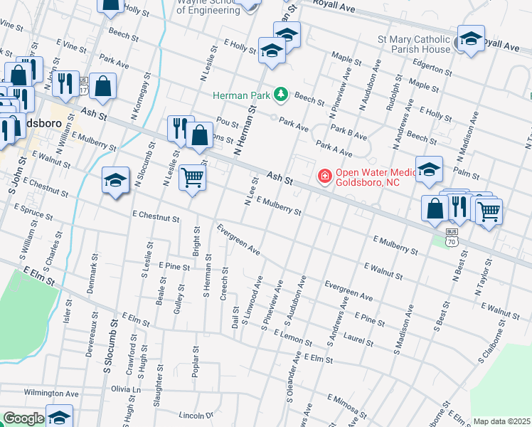 map of restaurants, bars, coffee shops, grocery stores, and more near 105 Jackson Street in Goldsboro
