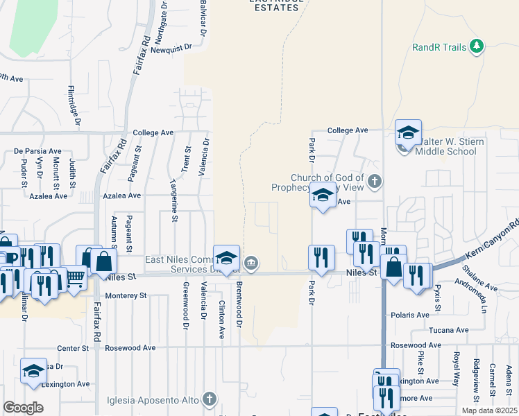 map of restaurants, bars, coffee shops, grocery stores, and more near 2813 Marivale Street in Bakersfield