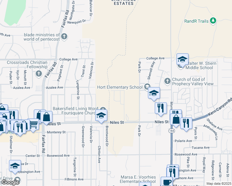 map of restaurants, bars, coffee shops, grocery stores, and more near 2813 Marivale Street in Bakersfield