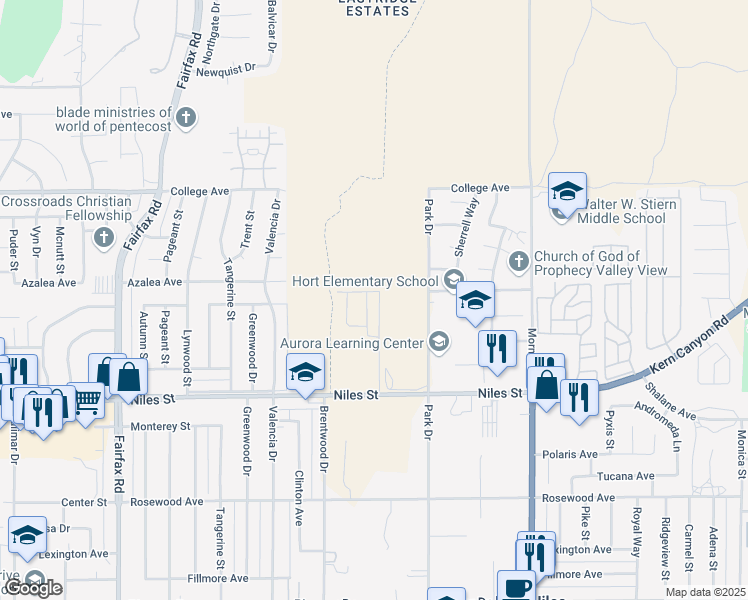 map of restaurants, bars, coffee shops, grocery stores, and more near 2301 Park Drive in Bakersfield