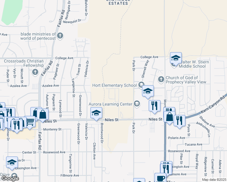 map of restaurants, bars, coffee shops, grocery stores, and more near 2301 Park Drive in Bakersfield