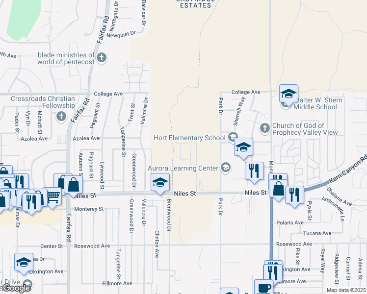 map of restaurants, bars, coffee shops, grocery stores, and more near 2301 Park Drive in Bakersfield