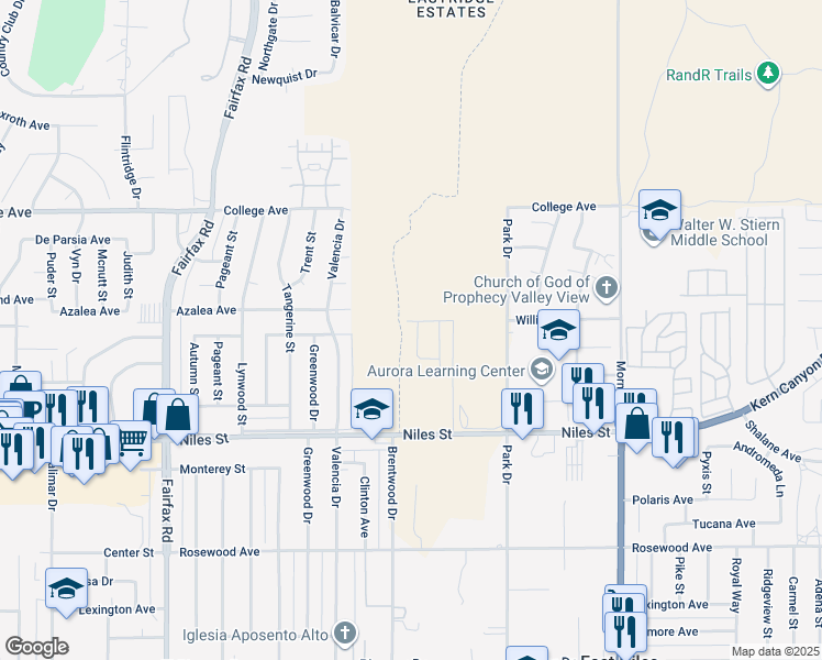 map of restaurants, bars, coffee shops, grocery stores, and more near 7299 Franklin Avenue in Bakersfield