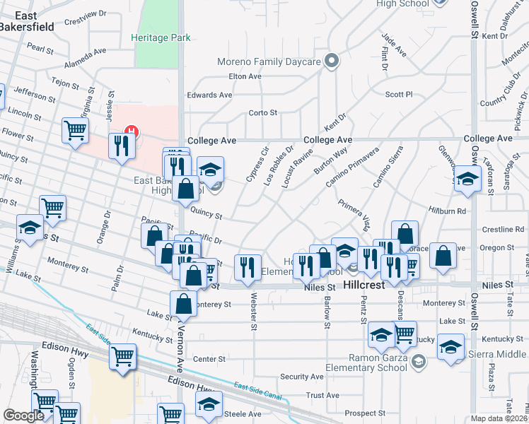 map of restaurants, bars, coffee shops, grocery stores, and more near 1619 Locust Ravine in Bakersfield