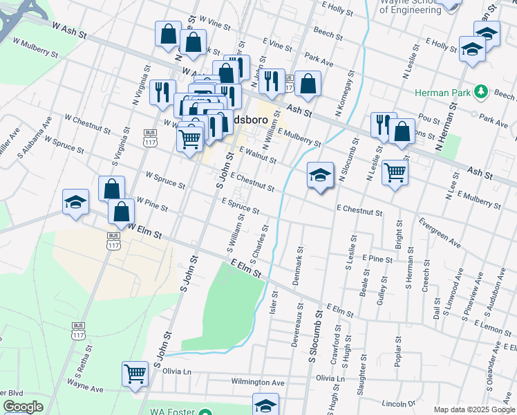 map of restaurants, bars, coffee shops, grocery stores, and more near 300 South William Street in Goldsboro