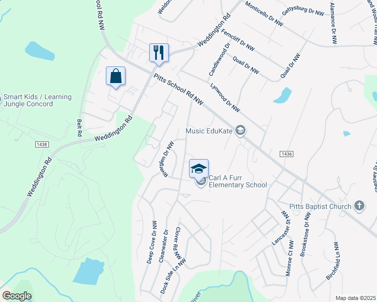 map of restaurants, bars, coffee shops, grocery stores, and more near 2543 Clover Road Northwest in Concord