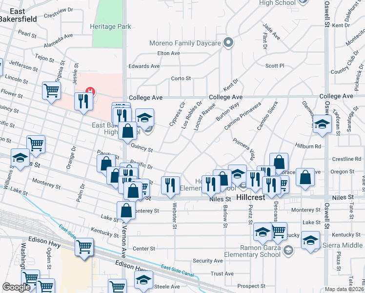 map of restaurants, bars, coffee shops, grocery stores, and more near 1619 Locust Ravine in Bakersfield