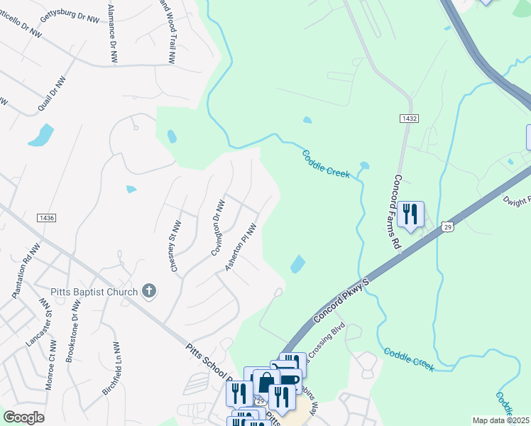 map of restaurants, bars, coffee shops, grocery stores, and more near 4748 Asherton Place Northwest in Concord