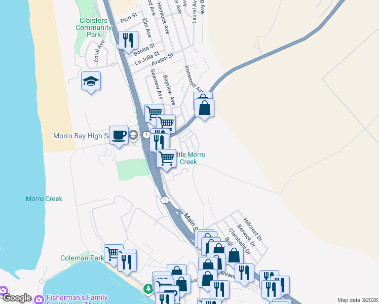 map of restaurants, bars, coffee shops, grocery stores, and more near 500 Atascadero Road in Morro Bay