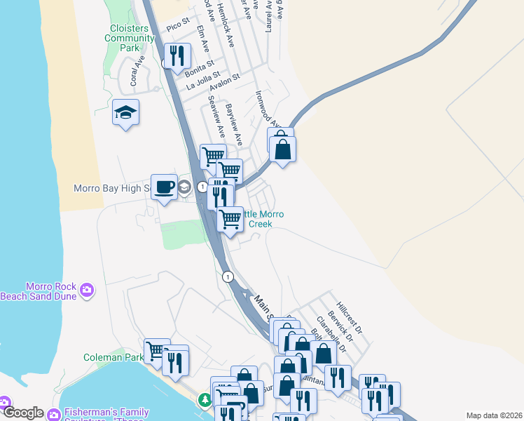 map of restaurants, bars, coffee shops, grocery stores, and more near 500 Atascadero Road in Morro Bay