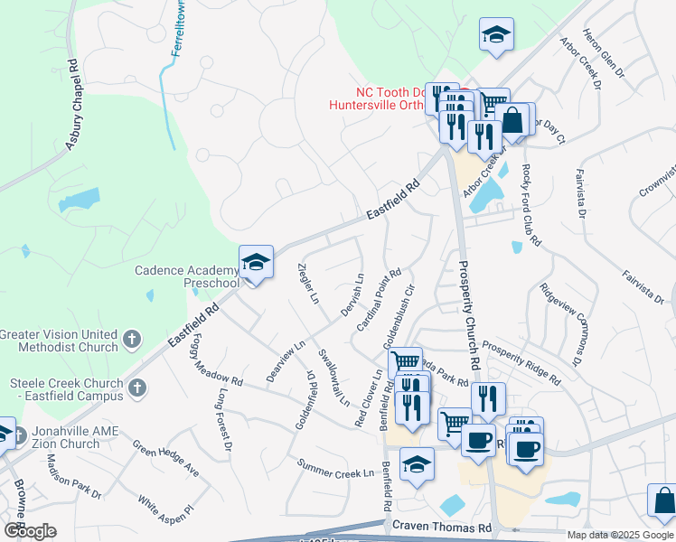 map of restaurants, bars, coffee shops, grocery stores, and more near 9626 Duxford Lane in Charlotte