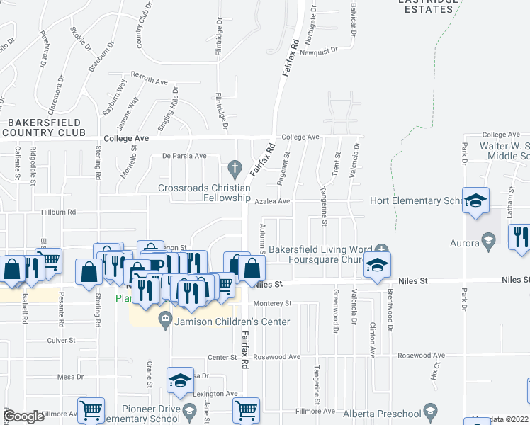map of restaurants, bars, coffee shops, grocery stores, and more near 6604 Franklin Avenue in Bakersfield
