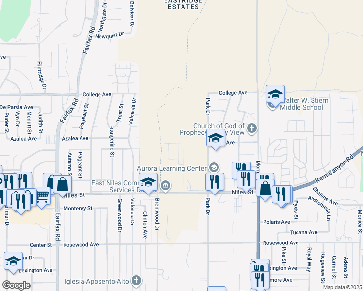 map of restaurants, bars, coffee shops, grocery stores, and more near 2301 Park Drive in Bakersfield